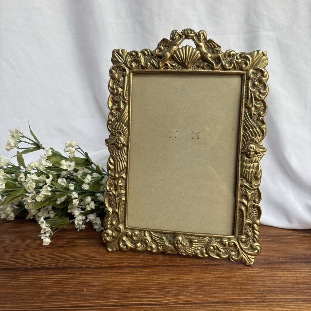 Vintage Mann 1988 Brass Cast Cherub Picture Frame Ornate Baroque Taiwan